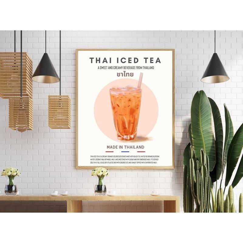 ไทยน้ําแข็งชาโปสเตอร์ประเทศไทยผ้าใบพิมพ์bubble Tea Artร้านอาหารธุรกิจขนาดเล็กRetro Kitchen Decor Travel Wall Art