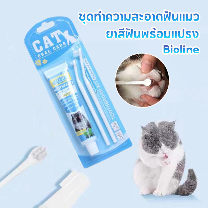 😻Bioline😻ยาสีฟันแมว แปรงสีฟันแมว ชุดทำความสะอาดฟันแมว รสชีส ยาสีฟันพร้อมแปรง 3 ขนาด  ลดกลิ่นปาก ลดการสะสมของแบคทีเรีย