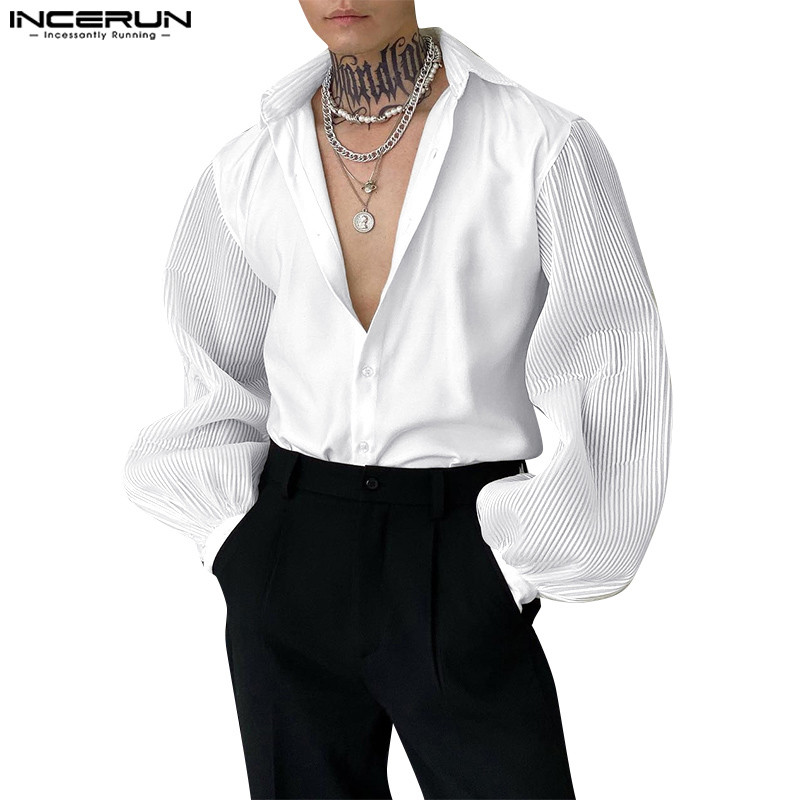 Incerun ผู้ชายเกาหลี Advanced Lapel Puff แขนยาว Splicing Stripe เสื้อ