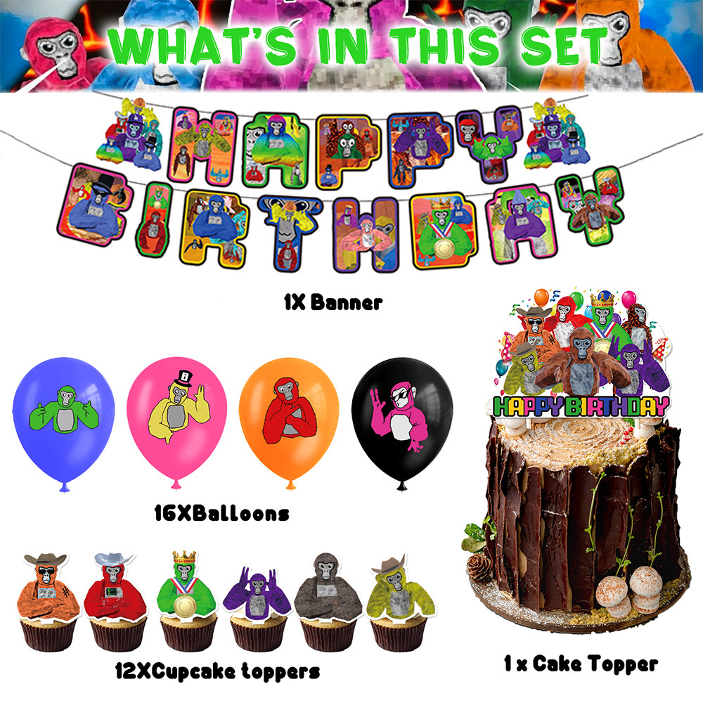 Gorilla Tag VR Game Theme Party Supplies รวมแบนเนอร์เค้ก Topper ลูกโป่ง