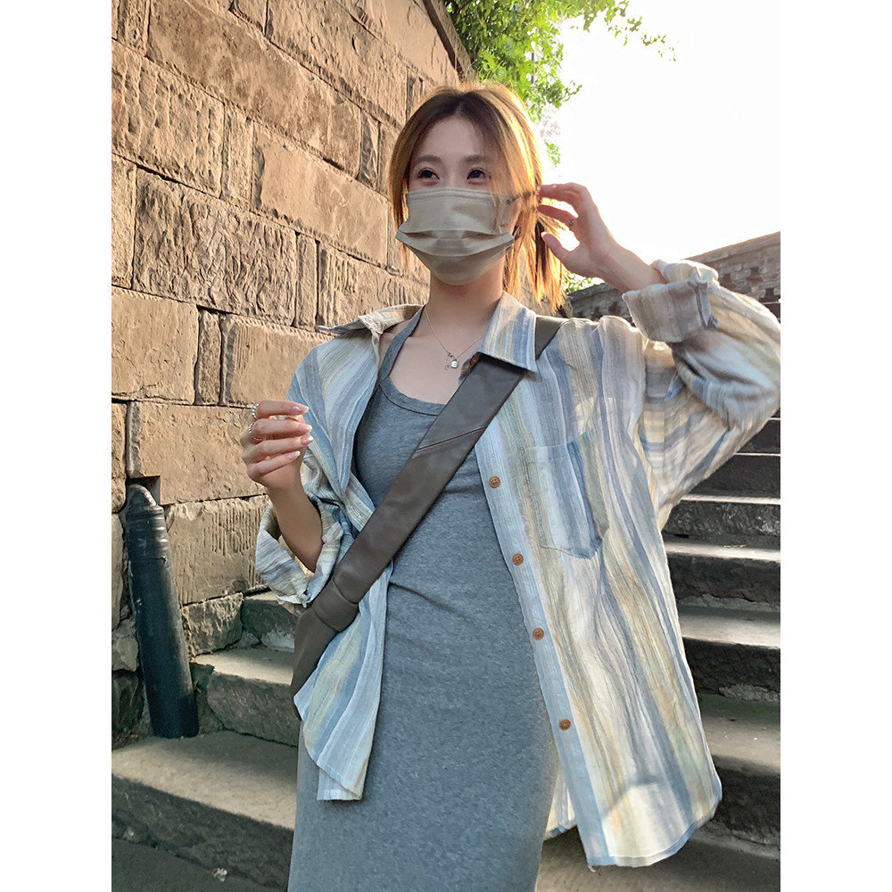 💚💚 HHB2006 เสื้อเชิ้ตลายทางคอปกแขนยาวผู้หญิง oversize เสื้อแฟชั่นเกาหลีวินเทจ ใส่สบาย แมชง่ายกับทุกล