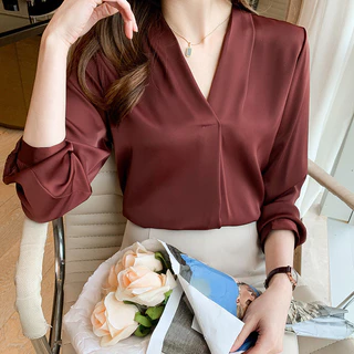 S-2XL เสื้อเชิ้ตผ้าซาตินคอวีแฟชั่นเรียบง่าย แขนยาว เสื้อเชิ้ตผู้หญิง เสื้อเชิ้ตทำงาน