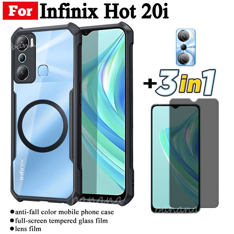3 in 1 Infinix Hot 20i เคสโทรศัพท์กันกระแทกแม่เหล็กสติกเกอร์ชาร์จไร้สายสําหรับ Infinix Hot 20s 20 Play 20 5G Anti Spy ความเป็นส่วนตัวกระจกนิรภัยป้องกันหน้าจอ + เลนส์ฟิล์ม
