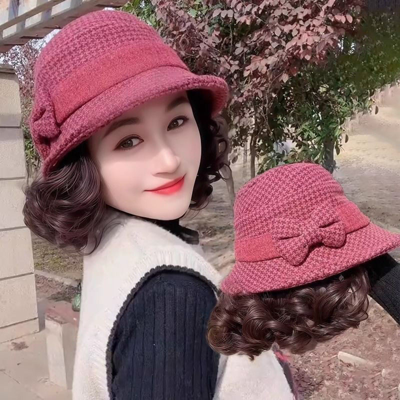 หมวกวิกผมฤดูใบไม้ร่วงและฤดูหนาวผมหยิกแบบบูรณาการฤดูใบไม้ร่วงและว帽子夫发秋冬卷发一体秋冬季新款头套装时尚皮可爱发短款礼帽