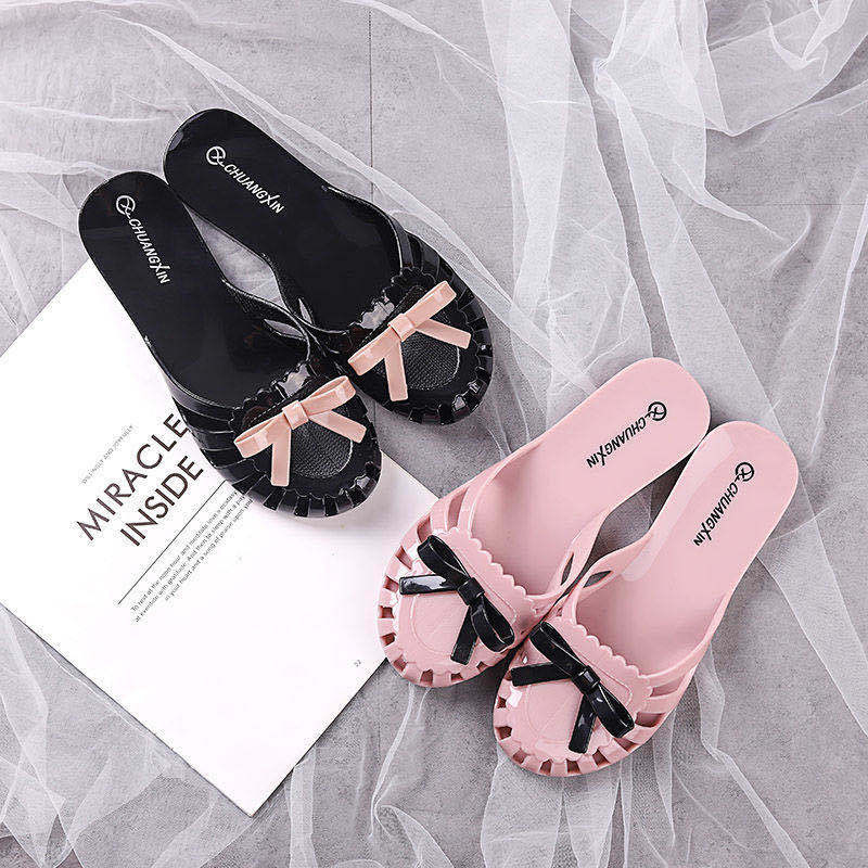 ฤดูร้อนพลาสติกหัวรองเท้า-หุ้ม รองเท้าแตะผู้หญิงแบน สวมใส่ด้านนอกคริสตัล รองเท้าเจลลี่บ้าน ลื่นในร่ม โบว์ 3.20