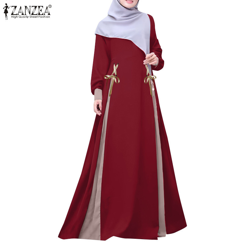 Zanzea ผู้หญิงมุสลิม Elegant โคมไฟแขน Lace Up Design Maxi Contrast Dresses