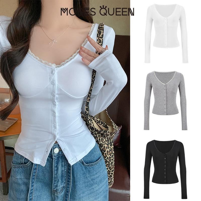 < MOSESQUEEN > อเมริกันสาวร้อนคอวีขอบลูกไม้แขนยาวถักเสื้อสเวตเตอร์ถักหญิงฤดูใบไม้ร่วงสลิมสั้นด้านในสวมใส่อารมณ์สีดํา Bottoming เสื้อ #62831