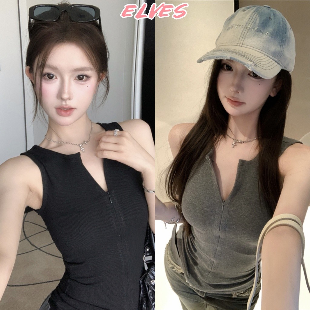 Elves พร้อม💟 เสื้อกล้าม แขนกุด ดีเทล ซิปรูดด้ายหน้าสีพื้น ยืดพอดี เข้ารูป แขนกุด สไตล์เกาหลี "FY2653"