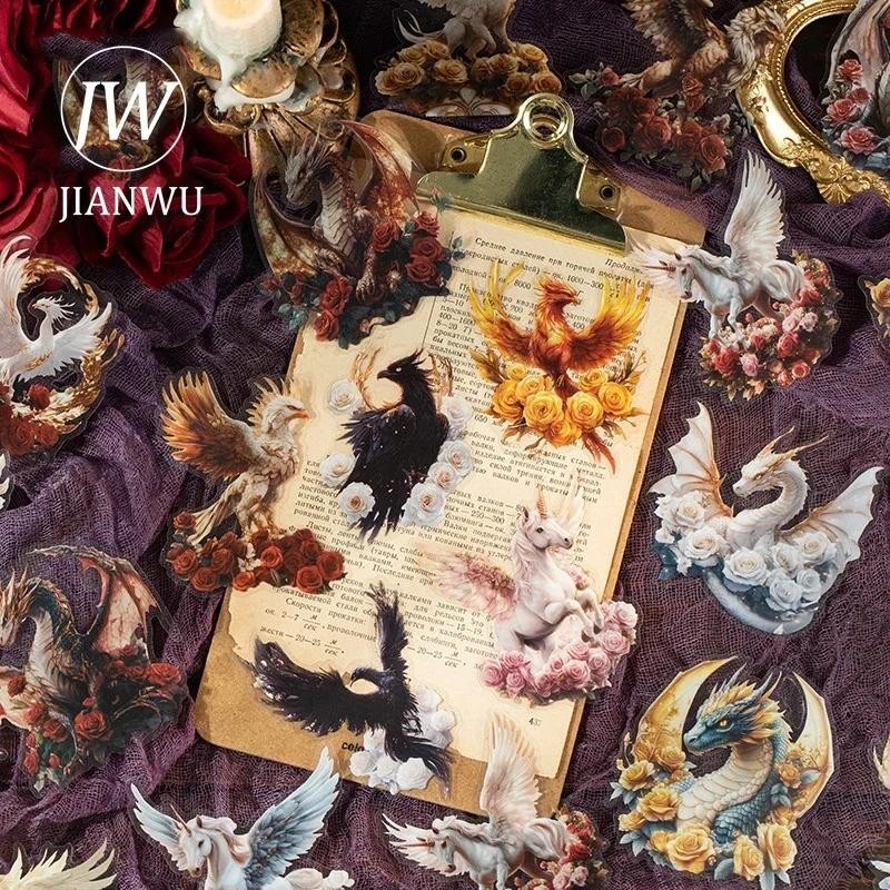 Jianwu Adventure World Series Vintage ดอกไม้มังกร Pegasus ภูมิทัศน์วัสดุ Collage PET สติกเกอร์ Creative Journal เครื่องเขียน