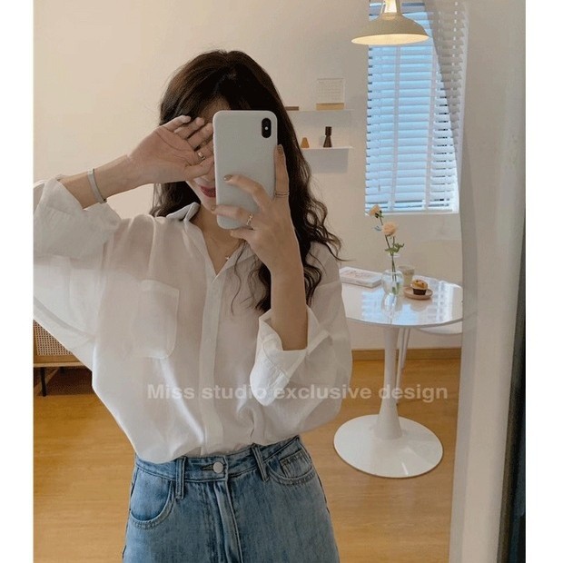 เชิ้ตผ้าชีฟอง 🫧 HHB2821 เสื้อเชิ้ตคอปกผู้หญิง ใส่คลุมกันแดดแขนยาว บางเบาใส่สบาย สไตล์เกาหลี freesize