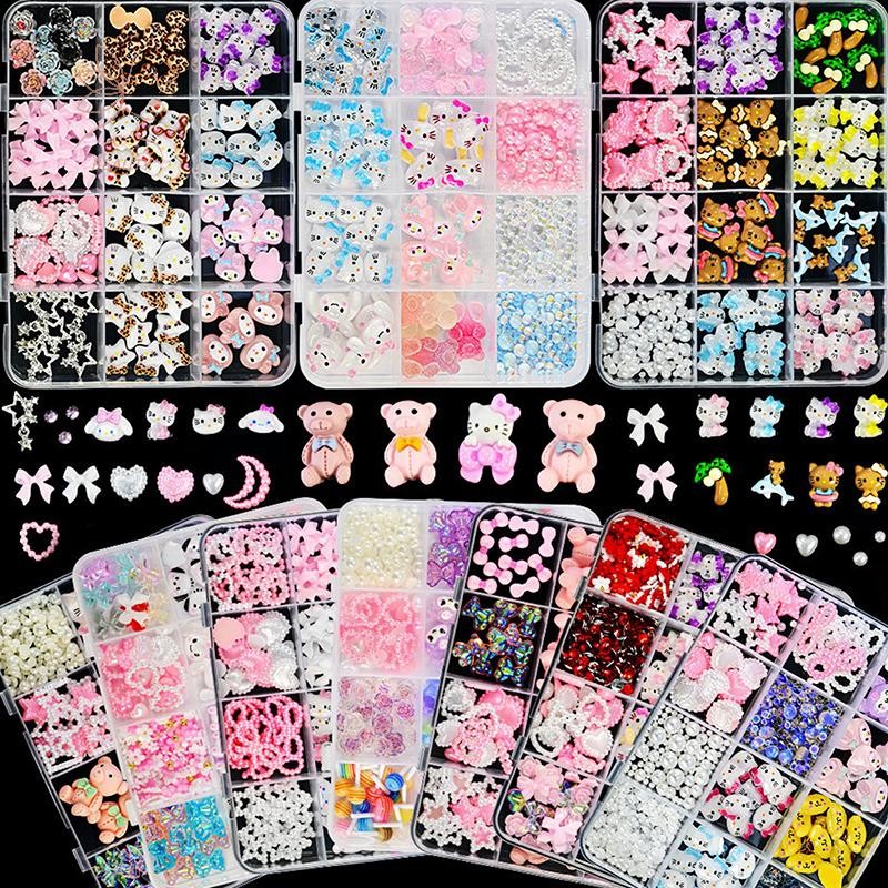 [maybeauty] 12girds Sanrio Hello Kitty Nail Art Rhinestone 3D ริบบิ้นผสมโบว์ KT Cat Nail Charm การ์ตูนสัตว์อะไหล่อุปกรณ์ตกแต่ง {TH}