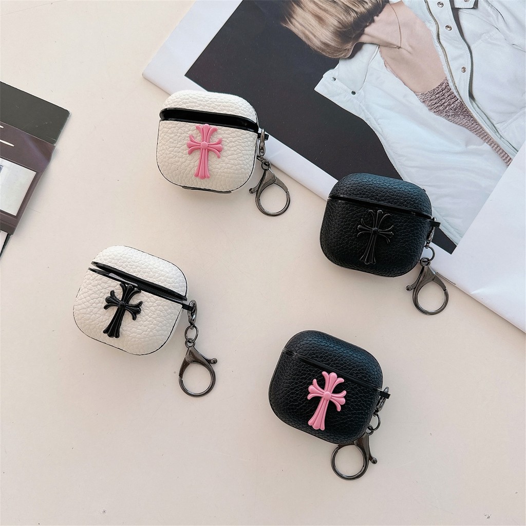 สี Chrome Cross Litchi ฝาครอบหนังปลอกสําหรับ AIRPODS 4 ANC PRO3 PRO 2 1/2/3 เคสป้องกัน