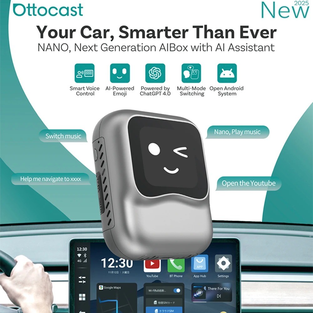 Ottocast Nano Carplay AI กล่องควบคุมเสียง Wirelss Android Auto QCM6225 8G 128G Android 13 กล่องทีวีส