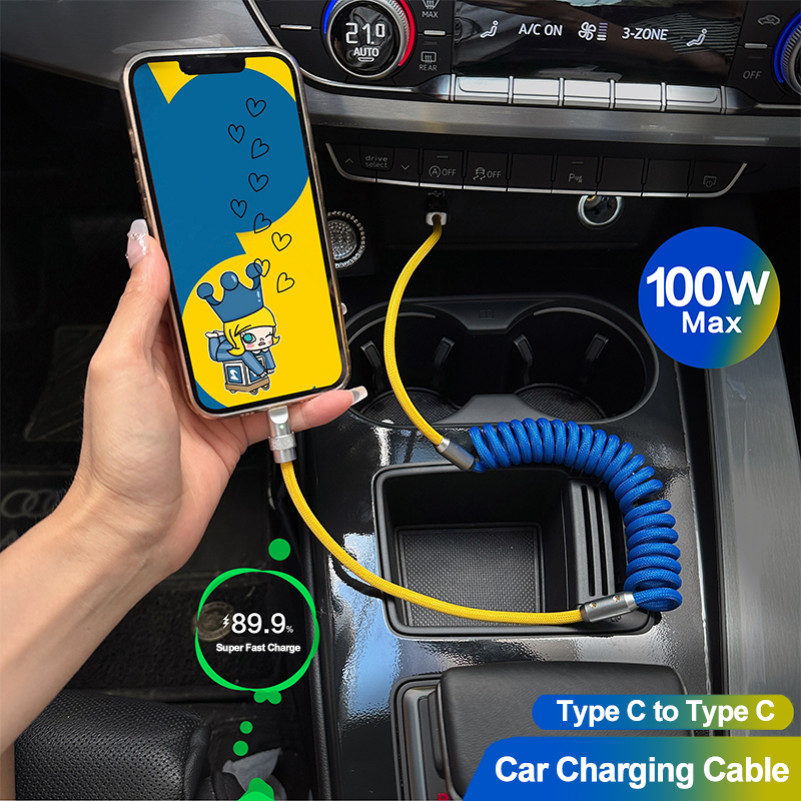 Pd 100W 6A รถ Super Fast สายชาร์จ USB Type C ถึง Type C สาย Telescopic สําหรับโทรศัพท์ 15 Galaxy S24 S23 Ultra Xiaomi