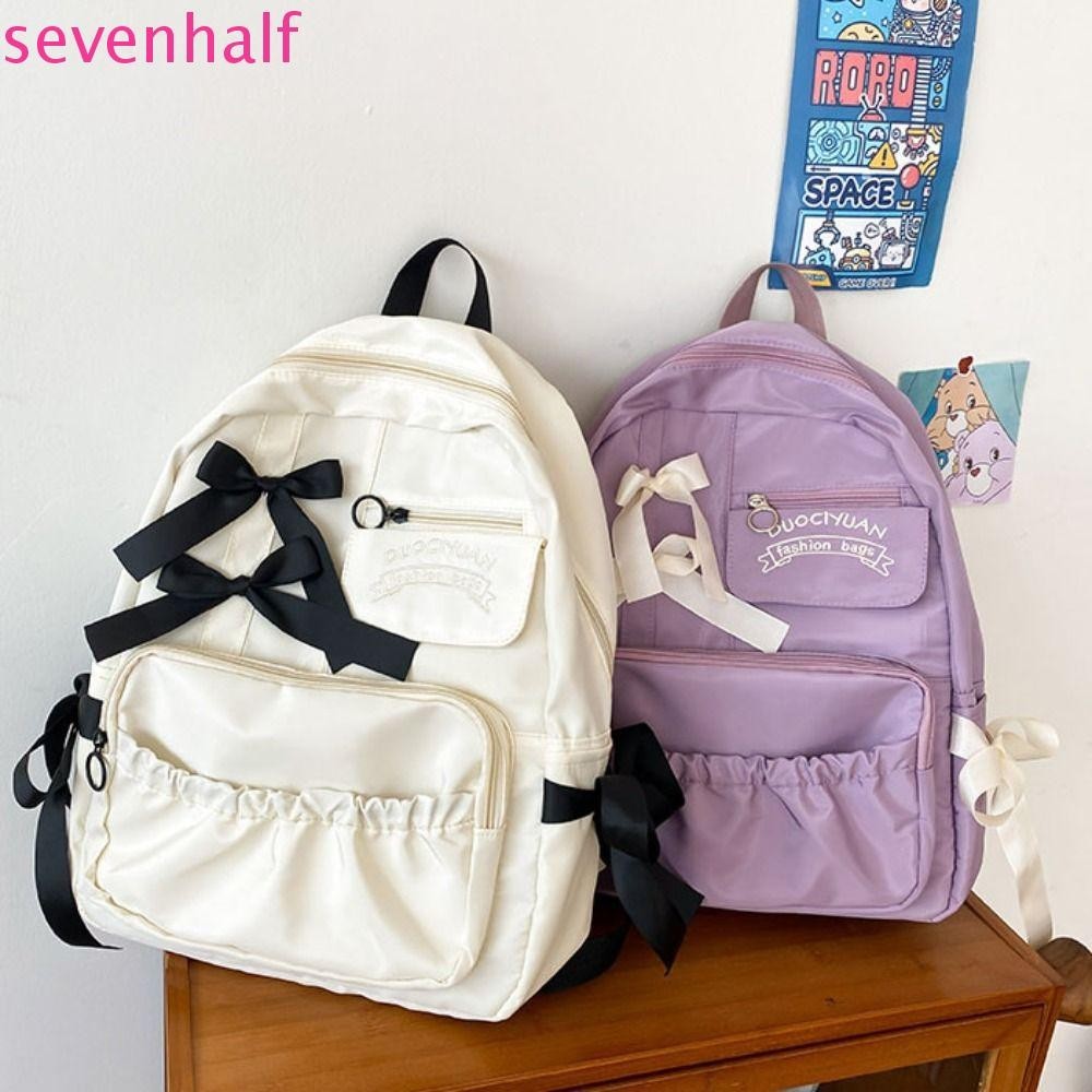 Sevenhalf กระเป๋าเป้สะพายหลัง กระเป๋านักเรียน ผ้าแคนวาส ขนาดใหญ่ จุของได้เยอะ ประดับโบว์ ลายดอกไม้ สําหรับวัยรุ่น