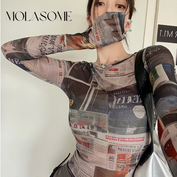 Molasome เสื้อยืด คอกลม แขนยาว พิมพ์ลาย แฟชั่นใหม่ สําหรับผู้หญิง 2024