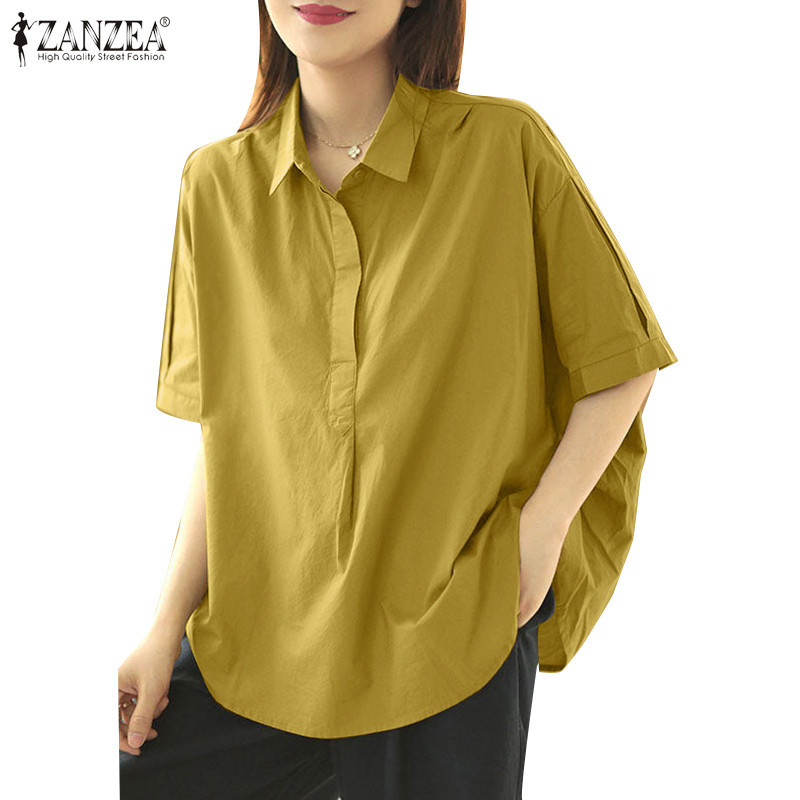 Zanzea เสื้อเชิ้ตแขนสั้น คอปก แต่งจับจีบ สีพื้น สไตล์เกาหลี สําหรับผู้หญิง
