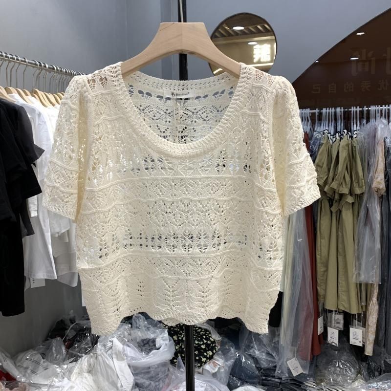 2024 คอกลมโครเชต์กลวงแขนสั้นเสื้อถักสั้นสบายๆSlimmerดูAll-Match Top
