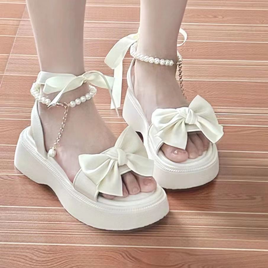 🎀พร้อมส่ง🎀รองเท้าแตะผู้หญิงสไตล์เกาหลี รองเท้าแตะส้นหนา พื้นหนา เปิดนิ้ว ประดับด้วยโบว์และไข่มุก