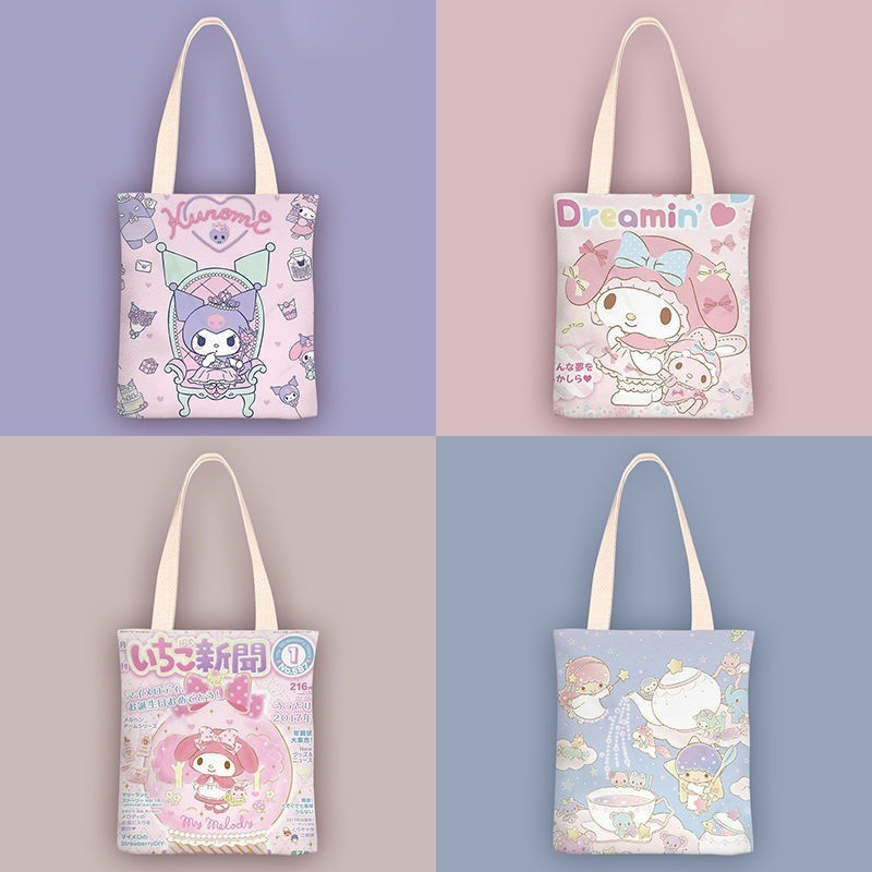 Sanrio Hellokitty กระเป ๋ าผ ้ าใบ Kuromi Cinnamoroll My Melody กระเป ๋ าสะพายไหล ่ ผู ้ หญิง Casual ความจุขนาดใหญ ่ ช ้ อปปิ ้ งสาวของขวัญ