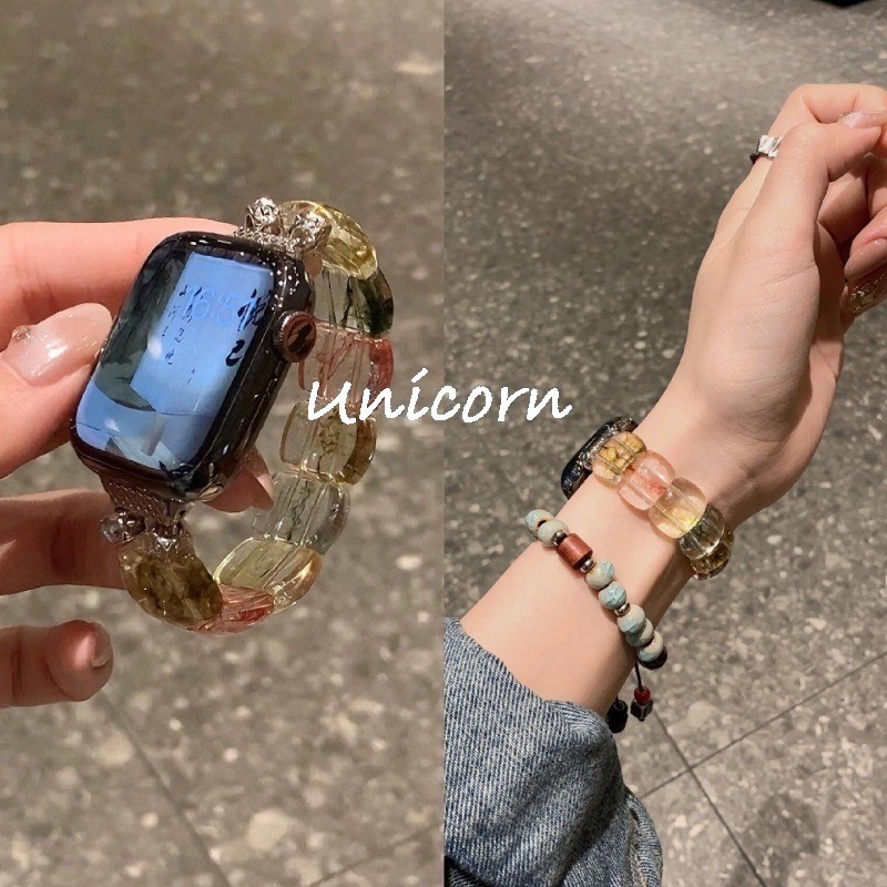 สายหินธรรมชาติสําหรับ Apple Watch Series 9 8 7 6 5 SE 4 38/40/41/42/44/45 มม.แฟชั่น Elastic Band iWatch UItra 2 49 มม.ฤดูร้อน Cool สร้อยข้อมือ