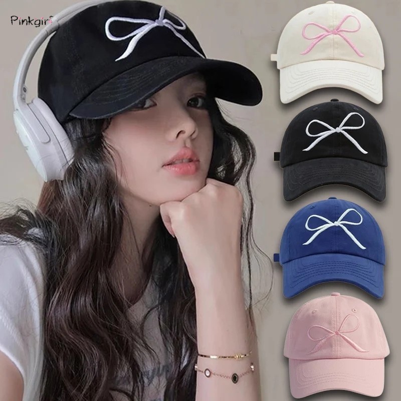 Women Girls Summer Y2K Sweet Casual Bow Embroidered Baseball Caps
