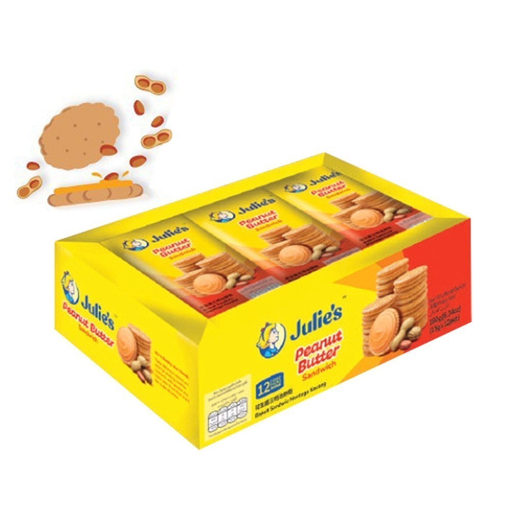 (พร้อมส่งขนมอร่อย ราคาถูก) ขนมปังกรอบแซนวิชสอดไส้เนยถั่ว ตรา จูลี่ส์ 180 g. (15g x 12) Julie's Peanut Sandwich