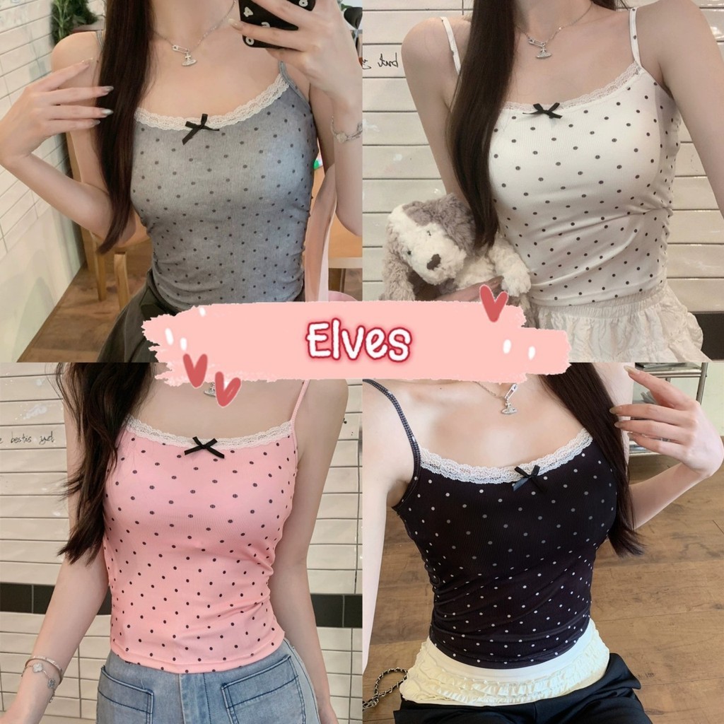 Elves✨พร้อมส่ง✨  เสื้อสายเดี่ยวไหมพรม ลายจุด ติดโบว์ สีน่ารักเกาหลีเบาๆ ~T059~