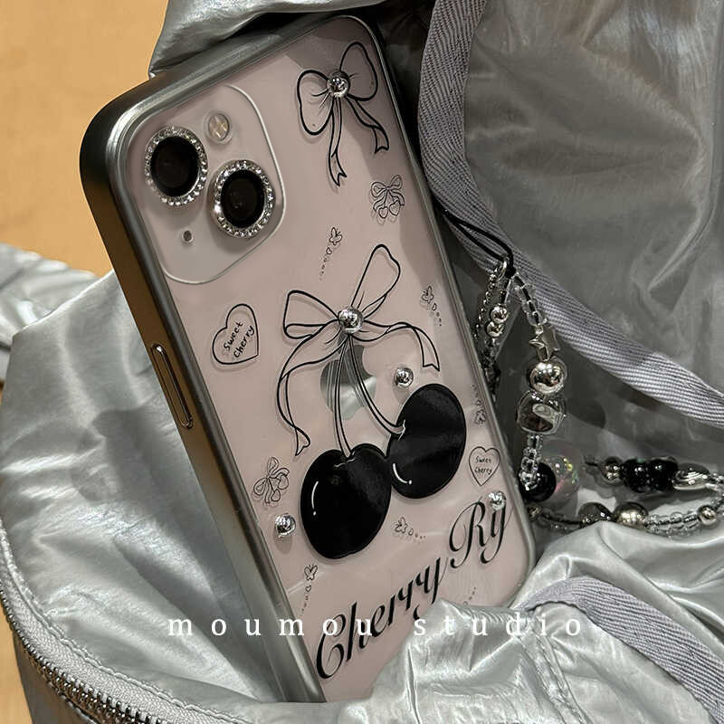 หุยเทียนจู โบว์เชอร์รี่ขอบเงินเหมาะสําหรับ ไอโฟน 15โปรแม็กซ์ เคสโทรศัพท์มือถือ 14 เคสป้องกัน 13/12 โซ่โปร่งใส