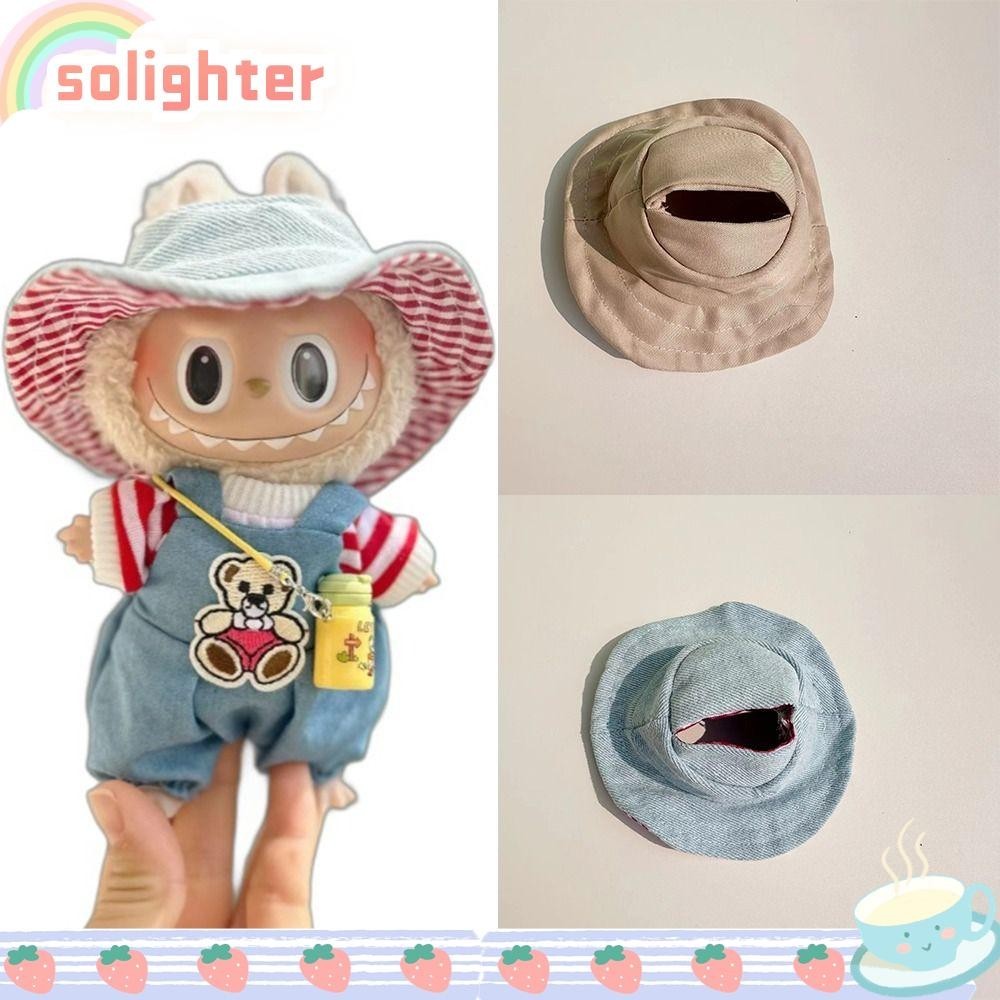 Solighter Labubu ตุ๊กตาหมวก, 17 ซม. Labubu ตุ๊กตาน่ารักคอสเพลย์หมวก, การ์ตูนร้อน Handmade Denim ตุ๊กตาหมวก Labubu ตุ๊กตา