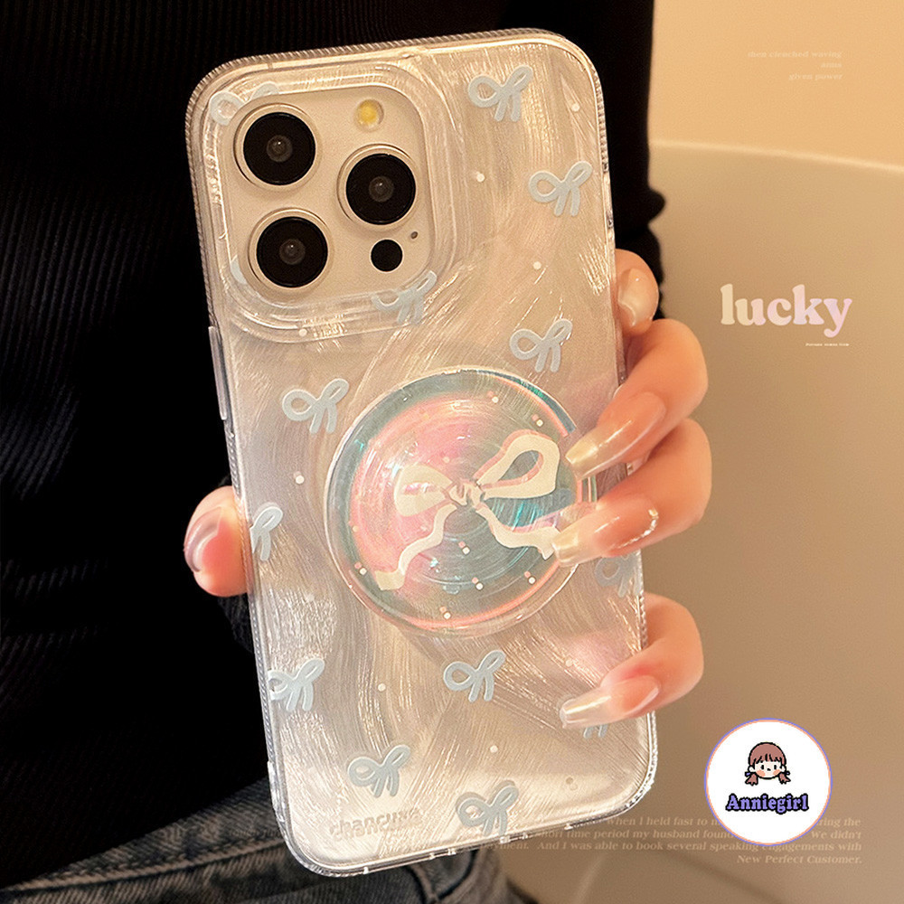 แฟชั่น Bowknot Laser Stand Holder เคสโทรศัพท์สําหรับ IPhone 11 15 14 Pro Max 12 13 Promax 14plus Feather เส้นด้าย Anti-scratch กันกระแทกนุ่มโทรศัพท์ปกหลัง