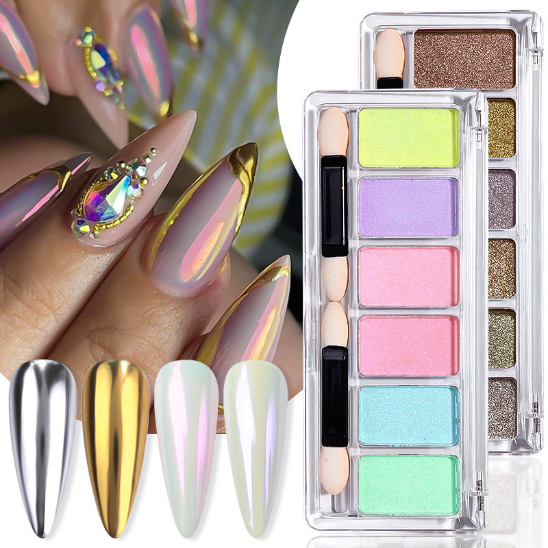 Ur SUGAR Nail Powder 6 สี Aurora Pearl White กระจกสีสันสดใส Chrome Effect Rub Dust Gel ยาทาเล็บตกแต่งเล็บ