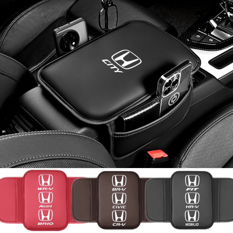 Honda Mugen Power หนังที่วางแขนกล่องป้องกัน Pad หน่วยความจําผ้าฝ้าย Booster Pad Central Armrest ฝาครอบป้องกันอุปกรณ์ตกแต่งรถยนต์สําหรับ City Hrv Civic Wrv Brio BRV Fit
