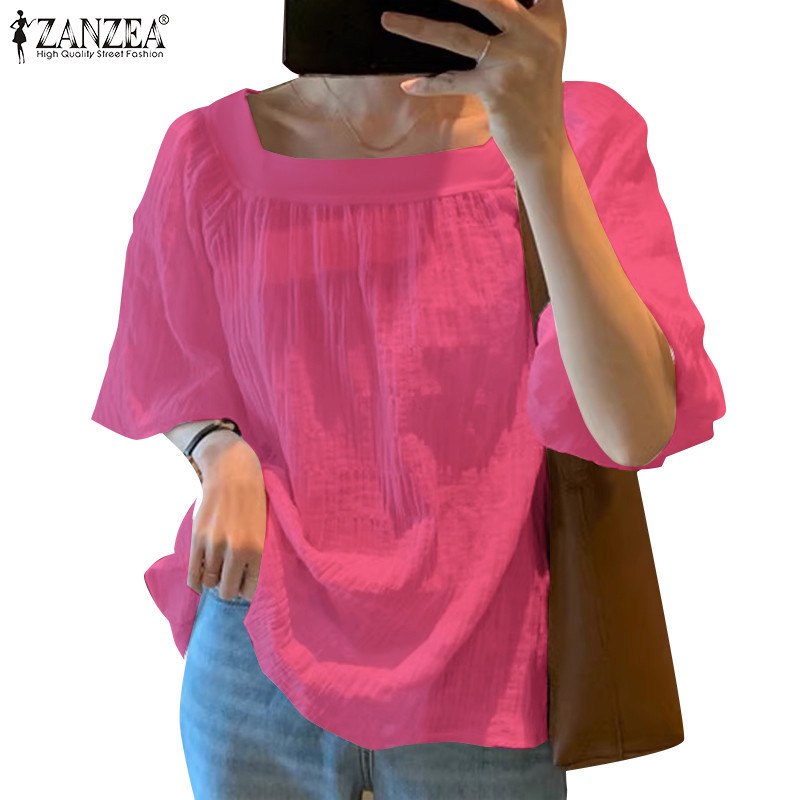 Zanzea เสื ้ อเบลาส ์ ลําลองผู ้ หญิงคอเหลี ่ ยมเกาหลีแขนยาวปานกลาง