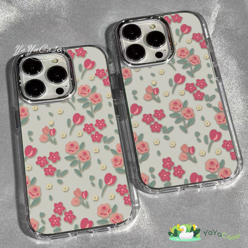 สำหรับ iPhone11 13 Case FOR เคสไอโฟน14 15 12 pro max 7 8 14 15 Plus X XR XS Max Red Flowerรุ่น สไตล์ TPU กรอบรูปโลหะเคส