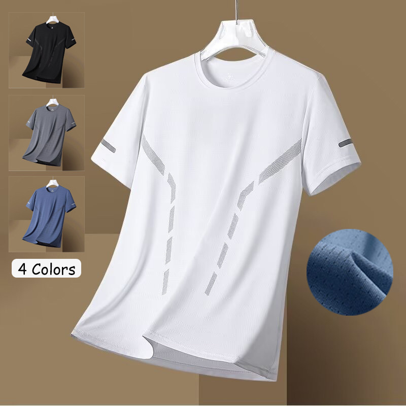 [4สี] M-5XL ผู้ชายผ้าไหมน้ำแข็งแห้งเร็วกีฬาสีทึบตาข่ายเสื้อยืดแฟชั่นฤดูร้อนแขนสั้นลำลองเสื้อยืดสำหรับผู้ชายขนาดบวกเสื้อผ้าแบน ผู้ชาย