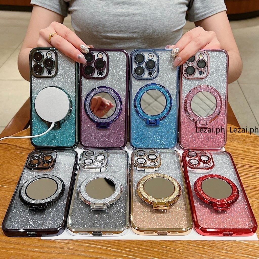 เคส Honor Magic 6 5 4 Pro Magic6 Pro Magic5 Pro เคสกรณี กรณีแม ่ เหล ็ กกระจกขาตั ้ งผู ้ ถือ Glitter หรูหราออกแบบใหม ่ ความงามกันกระแทกหนา Air Cushion Anti-Fall กลับฝาครอบ