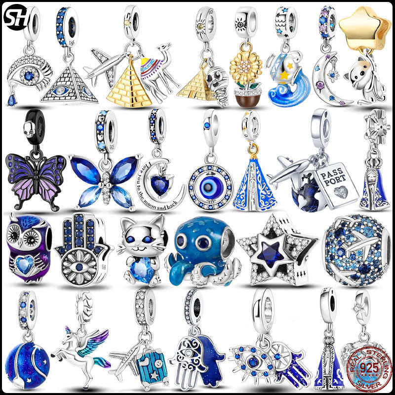 S925 เงินสเตอร์ลิงสีฟ้า Charm ลูกปัด Devils Eye Pyramid Earth ผีเสื้อ Dangle Fit Original charms สร้อยข้อมือลูกปัด DIY เครื่องประดับ