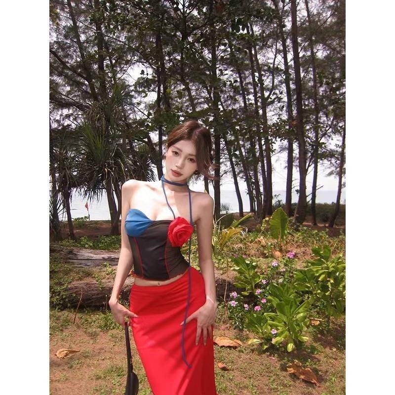 Xyzkuli Contrast สีดอกไม้เซ็กซี่ Hot Girl Tube Top Vest ผู้หญิงฤดูร้อน Slim-fit Design สวมใส่ด้านนอกสไตล์สั้น Wrap Chest Halter Top