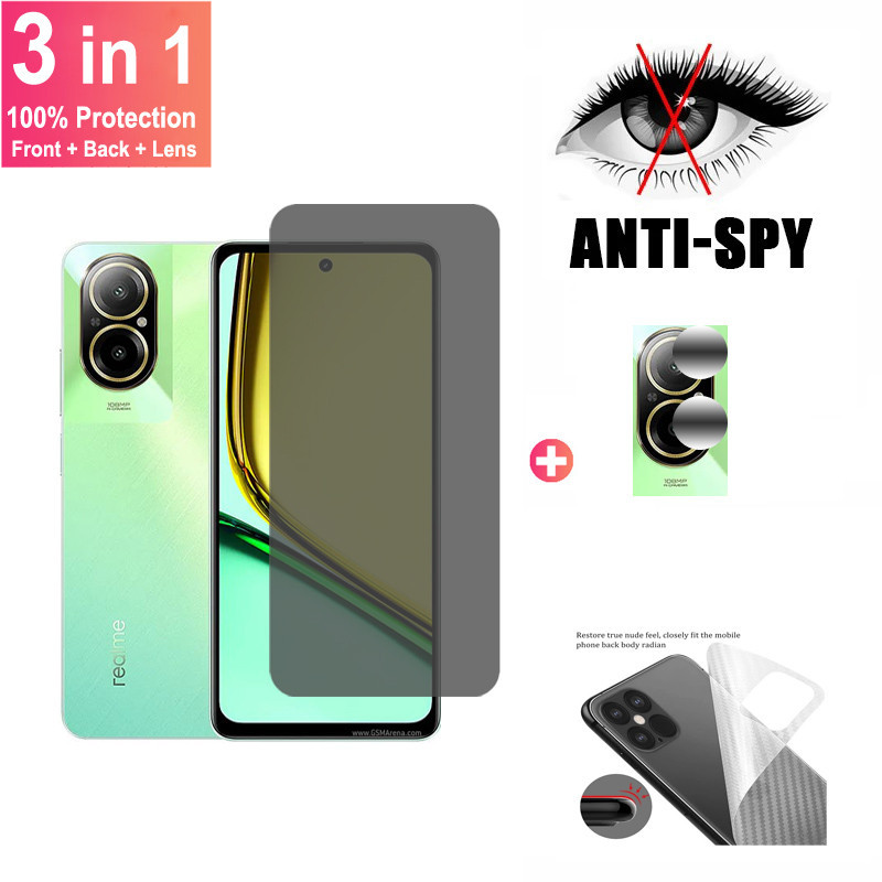 3 in 1 ฟิล์มกระจก สำหรับ Realme C67 4G กระจกนิรภัยป้องกันหน้าจอ พร้อมตัวป้องกันเลนส์กล้อง Realme C67 4G C55 C53 C51 12 12X 11X Plus 4G 5G ป้องกันการแอบดู