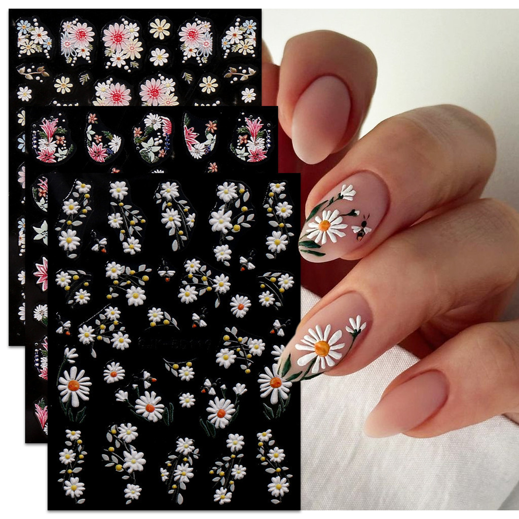 HAMA Nail 5D นูนเล็บสติกเกอร์ขายส่งดอกไม้ฤดูร้อนขนาดเล็ก Daisy Sunflower ตกแต่งเล็บสติกเกอร์ Decals