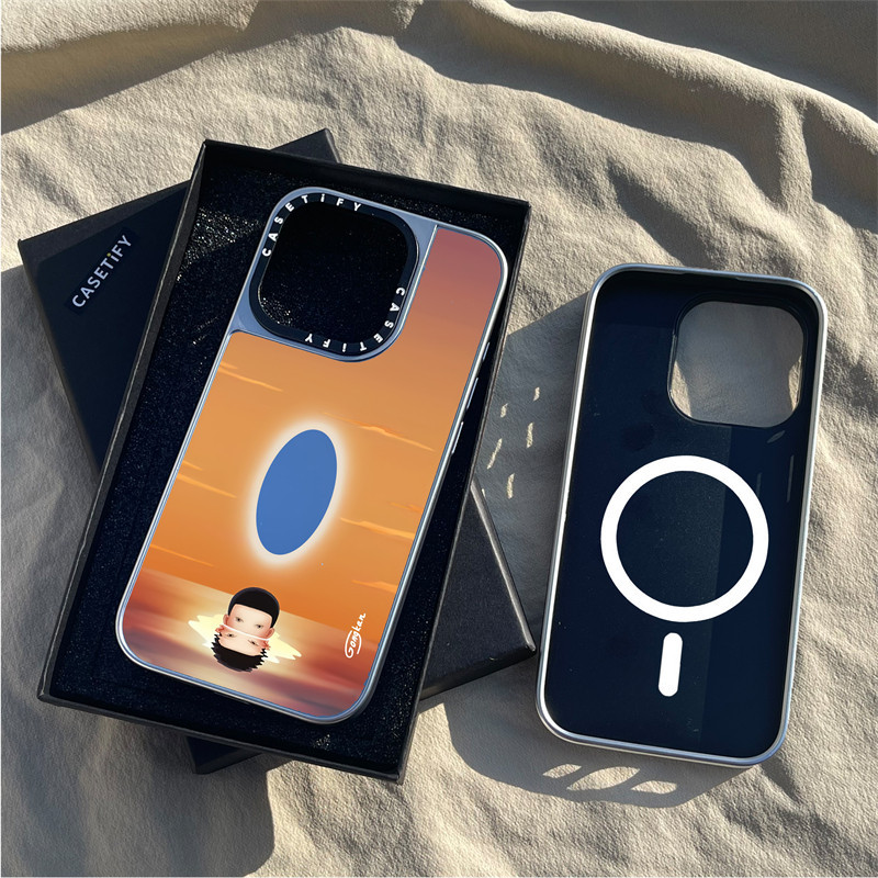 Casetify X Gongkan - Sun Magnetic Sucker Matte Black & Silver Electroplated Casing Apple IPhone 15 14 13 12 Pro Max Hard Back Case Cover พร้อมกล่องแกะสลักโลโก้