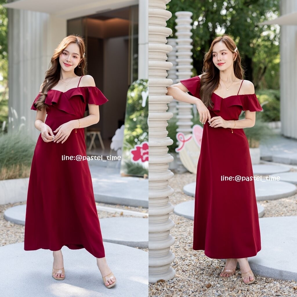 Stella Maxi Dress : สีแดงเลือดหมู