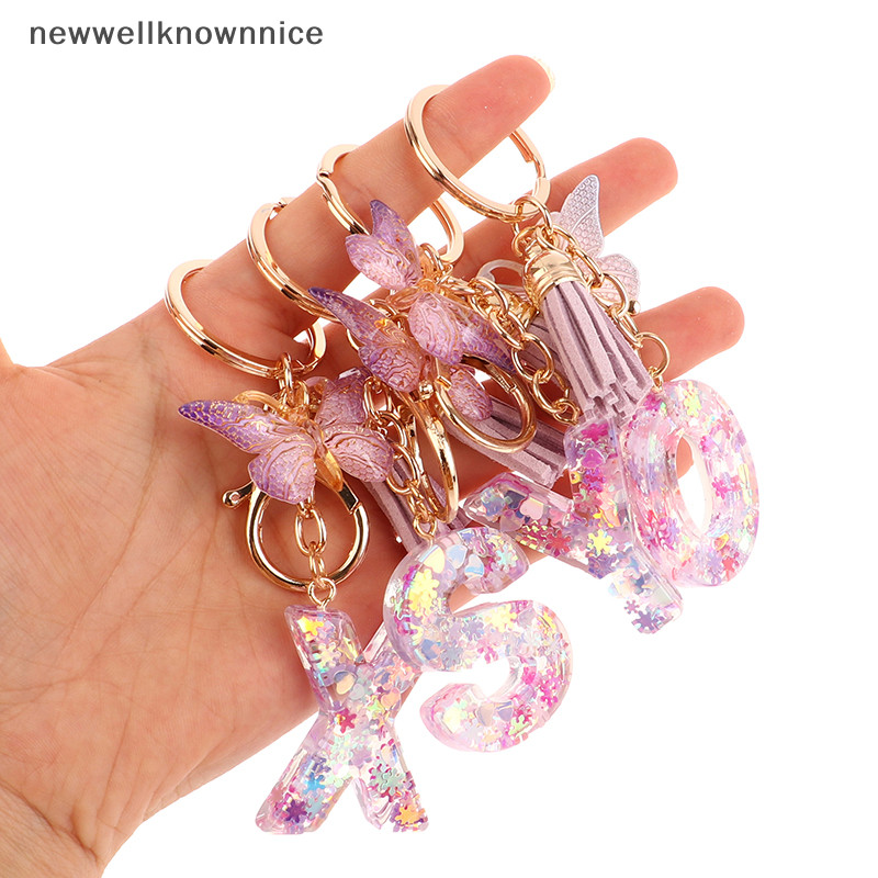 Newwellknownnice AZ Dreamy เลื่อมตัวอักษรพวงกุญแจผู้หญิง sel จี้ผีเสื้อเริ่มต้นพวงกุญแจกระเป๋า Suspension กระเป๋า Ch พวงกุญแจรถ TH