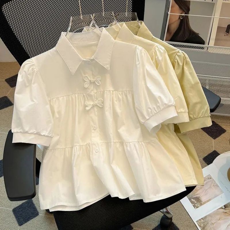 Coco~เสื้อเชิ้ตแขนสั้น สีทึบ สไตล์จีน เสื้อผ้าแฟชั่นสตรี