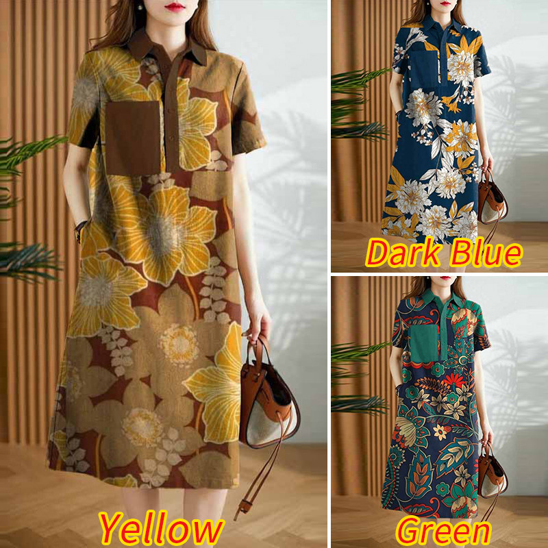 Zanzea ผู ้ หญิงเกาหลีลําลองแขนสั ้ นพิมพ ์ Turn-Down-Collar Pockets Shirtdress - รูปที่ 2