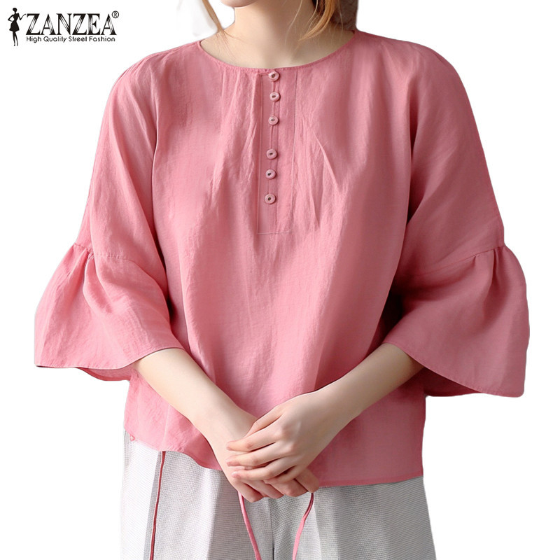 Zanzea ผู ้ หญิงวินเทจลําลองสีธรรมดาครึ ่ งแขนคอกลมหัวเข ็ มขัดเสื ้ อ