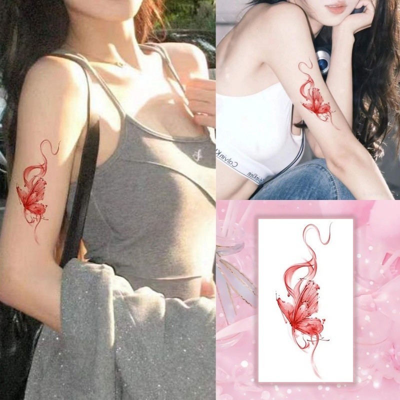 หางสีแดงลายผีเสื ้ อสักน ่ ารักสาวแขนสักสติกเกอร ์ รอยสักกันน ้ ํายาวนาน 7 วันรอยสักปลอมชั ่ วคราว