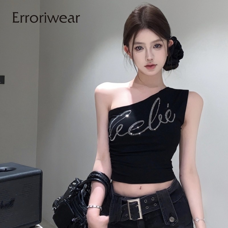 Erroriwear ผู้หญิงเสื้อกล้าม 2024 แฟชั่นวินเทจตัวอักษรเพชรร้อนเซ็กซี่ไหล่เอียง Slim Fit Camisole