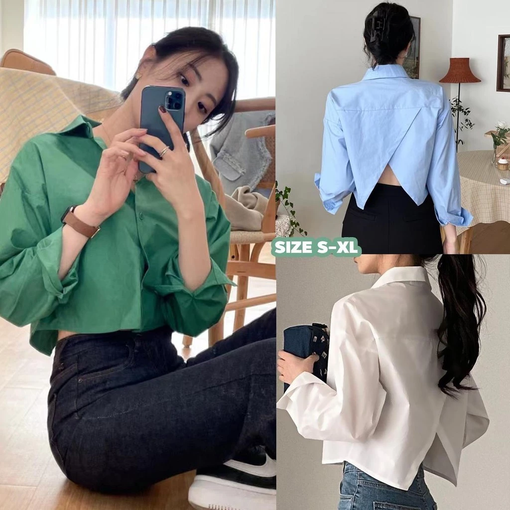 MIMI&DIDI#เสื้อเชิ้ตแขนยาว เสื้อแฟชั่นผู้หญิง ครอป คอปก แฟชั่นสไตล์เกาหลี ทรงหลวม ผ่าหลังและคอปก สำหรับผู้หญิง#W411